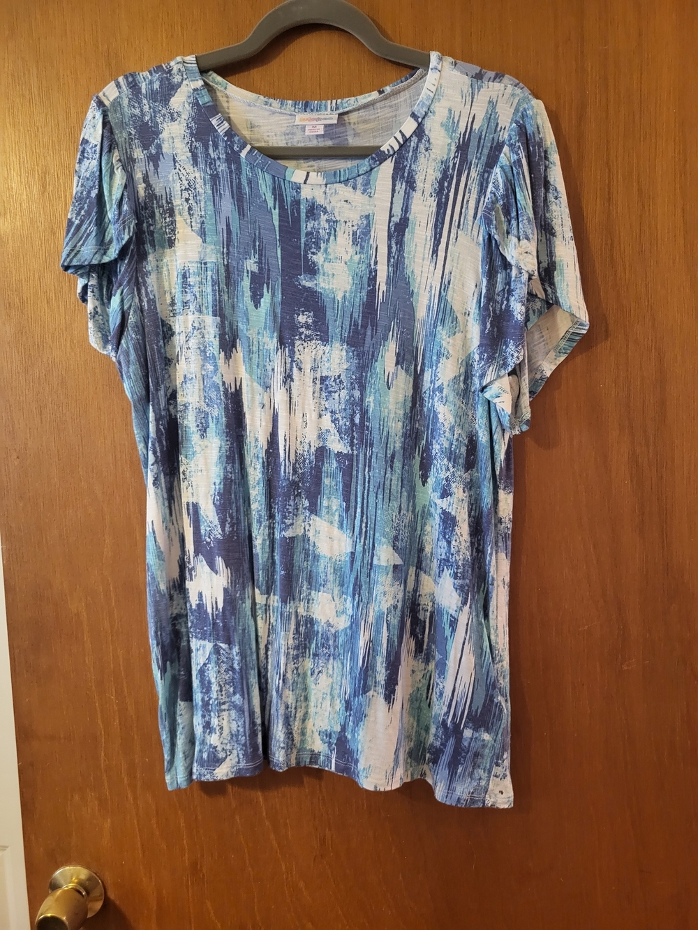 LuLaRoe Olive Blue and White Abstract Short Sleeve Top